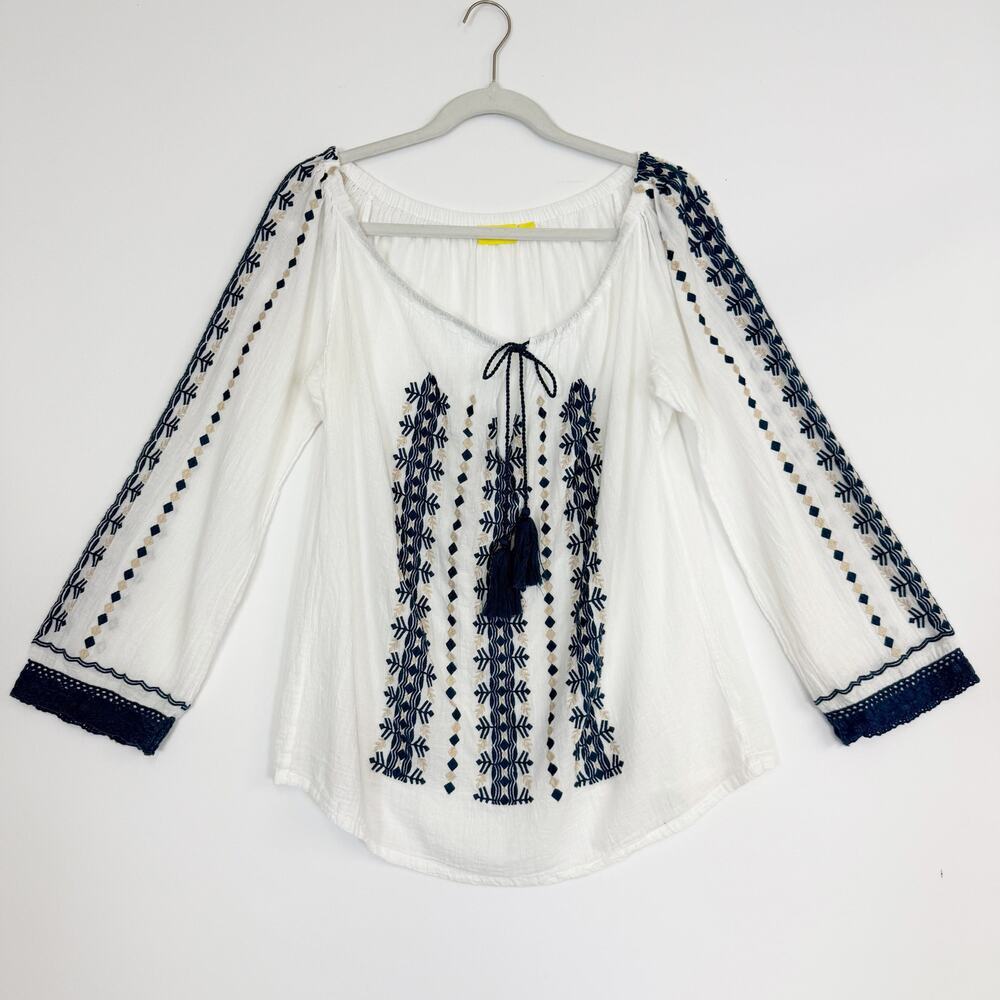 Roller Rabbit Lexi Top White with Blue Embroidery Long Sleeves Women's M - Picture 2 of 11